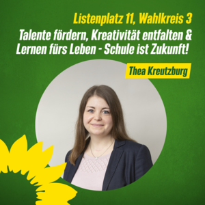 Bild mit grünem Hintergrund mit dem Foto von Thea Kreutzburg mit dem Schriftzug Talente fördern, Kreativität entfalten und Lernen fürs Leben, Schule ist Zukunft