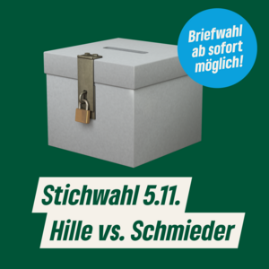 Wahlurne mit Text: Stichwahl 5.11. Hille vs. Schmieder. Briefwahl ab sofort möglich