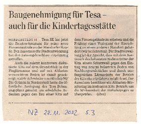 Bericht NZ zum Thema Tesa-Kita Bau auf belastetem Gelände