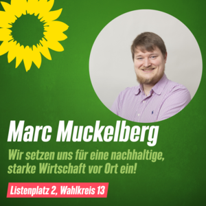 Bild mit grünem Hintergrund mit dem Foto von Marc Muckelberg und dem Schriftzug, wir setzen uns für eine nachhaltige, starke Wirtschaft vor Ort ein. 