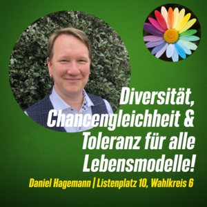 Bild mit grünem Hintergrund mit dem Foto von Margrit Riede mit dem Schriftzug Diversität, Chancengleichheit und Toleranz für alle Lebensmodelle. 